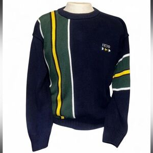 Vintage Retro Izod 70s 80s Men's Sweater in Navy with Green and Yellow Accents